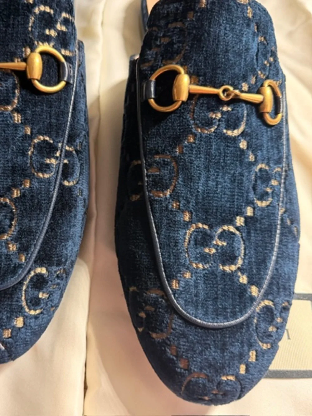 Gucci Navy Velvet GG Logo Backless Loafers with Gold Horsebit